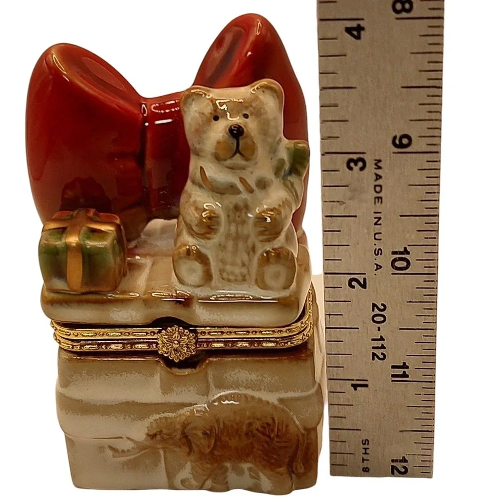 Vintage Porcelain‎ Trinket Box Hinged with Teddy Bear Elephant Red Bow Four Inch